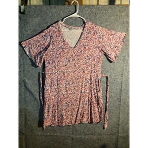 Peace & Pearls Short Sleeve Waist Tie Floral‎ Lightweight Blouse Size XL